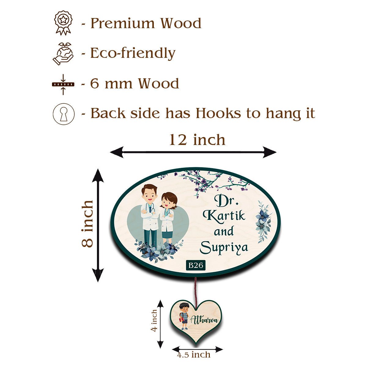 Oval Doctor Couple Name Plate for Home with Kid Tag - Sblossom