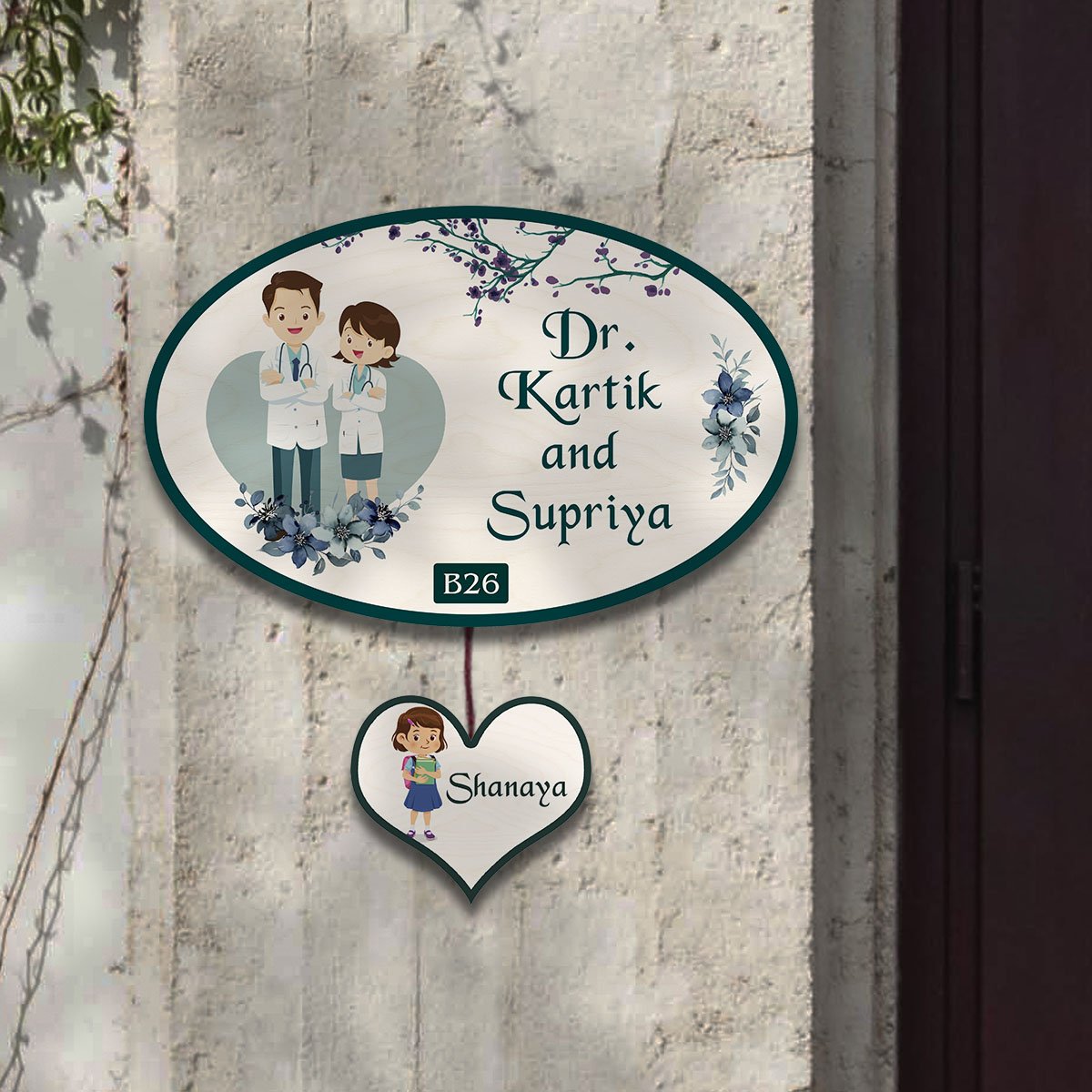 Oval Doctor Couple Name Plate for Home with Kid Tag - Sblossom