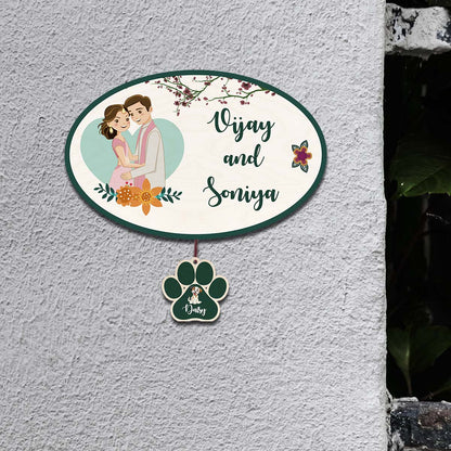 Oval Name Plate Design – Couple with Pet Paw Tag - Sblossom