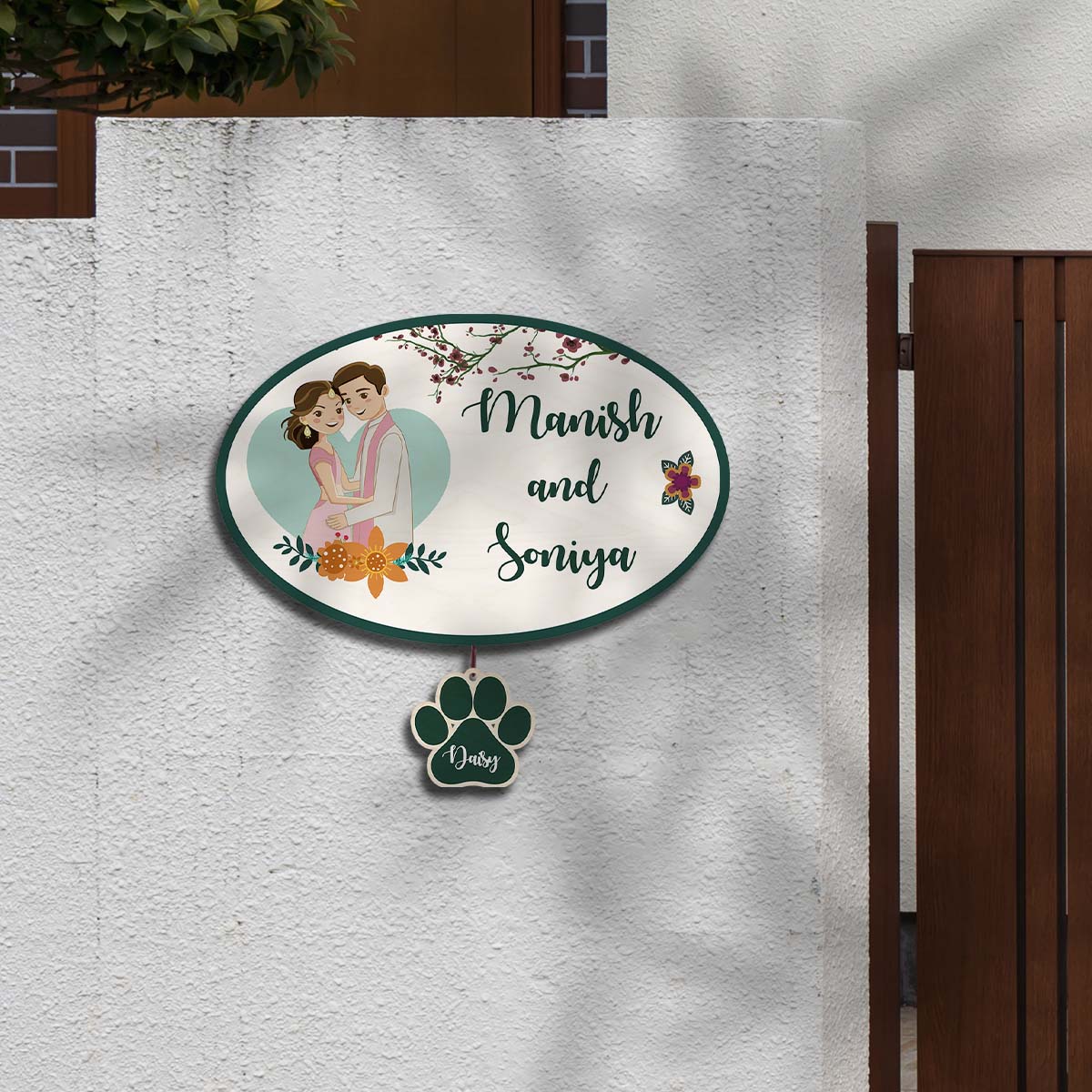 Oval Name Plate Design – Couple with Pet Paw Tag - Sblossom