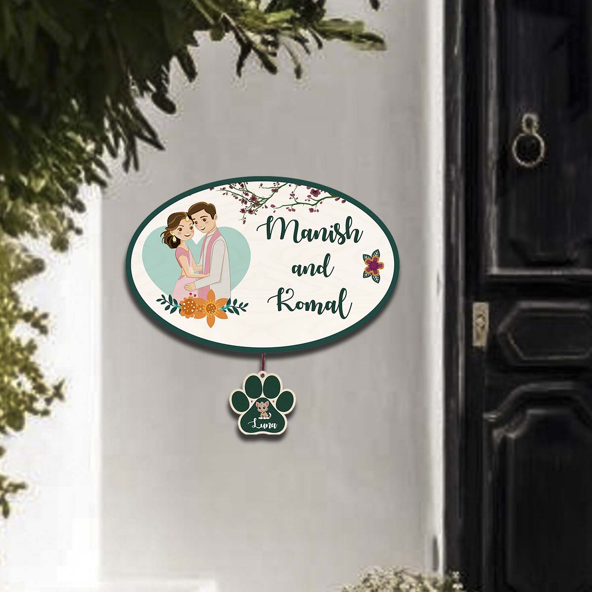 Oval Name Plate Design – Couple with Pet Paw Tag - Sblossom