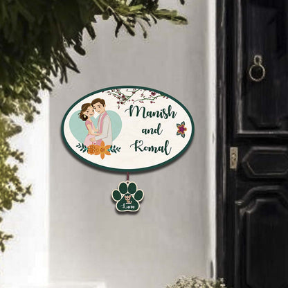 Oval Name Plate Design – Couple with Pet Paw Tag - Sblossom