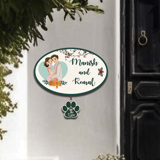 Oval Name Plate Design – Couple with Pet Paw Tag - Sblossom