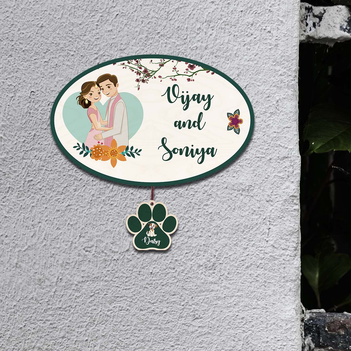 Oval Name Plate Design – Couple with Pet Paw Tag - Sblossom
