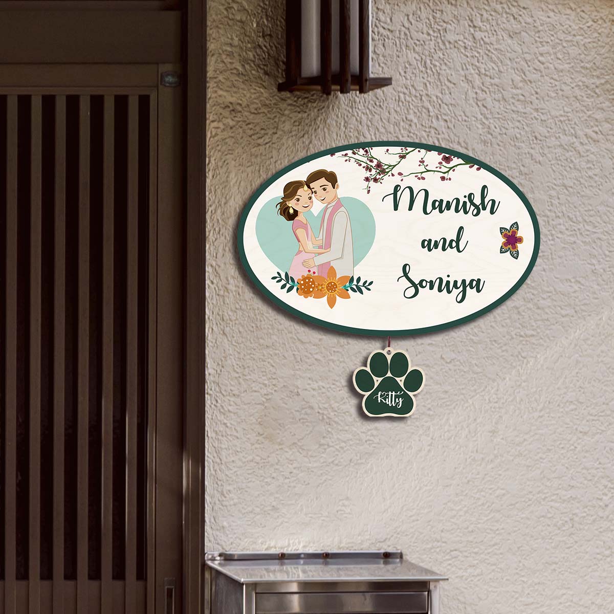 Oval Name Plate Design – Couple with Pet Paw Tag - Sblossom