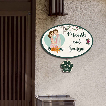 Oval Name Plate Design – Couple with Pet Paw Tag - Sblossom
