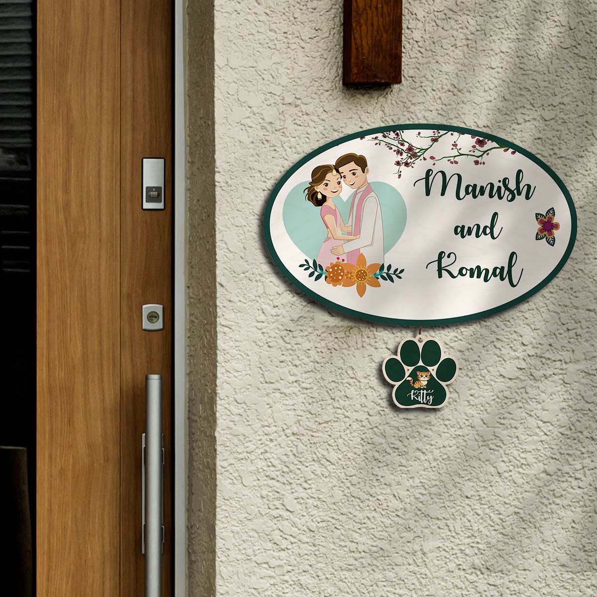 Oval Name Plate Design – Couple with Pet Paw Tag - Sblossom