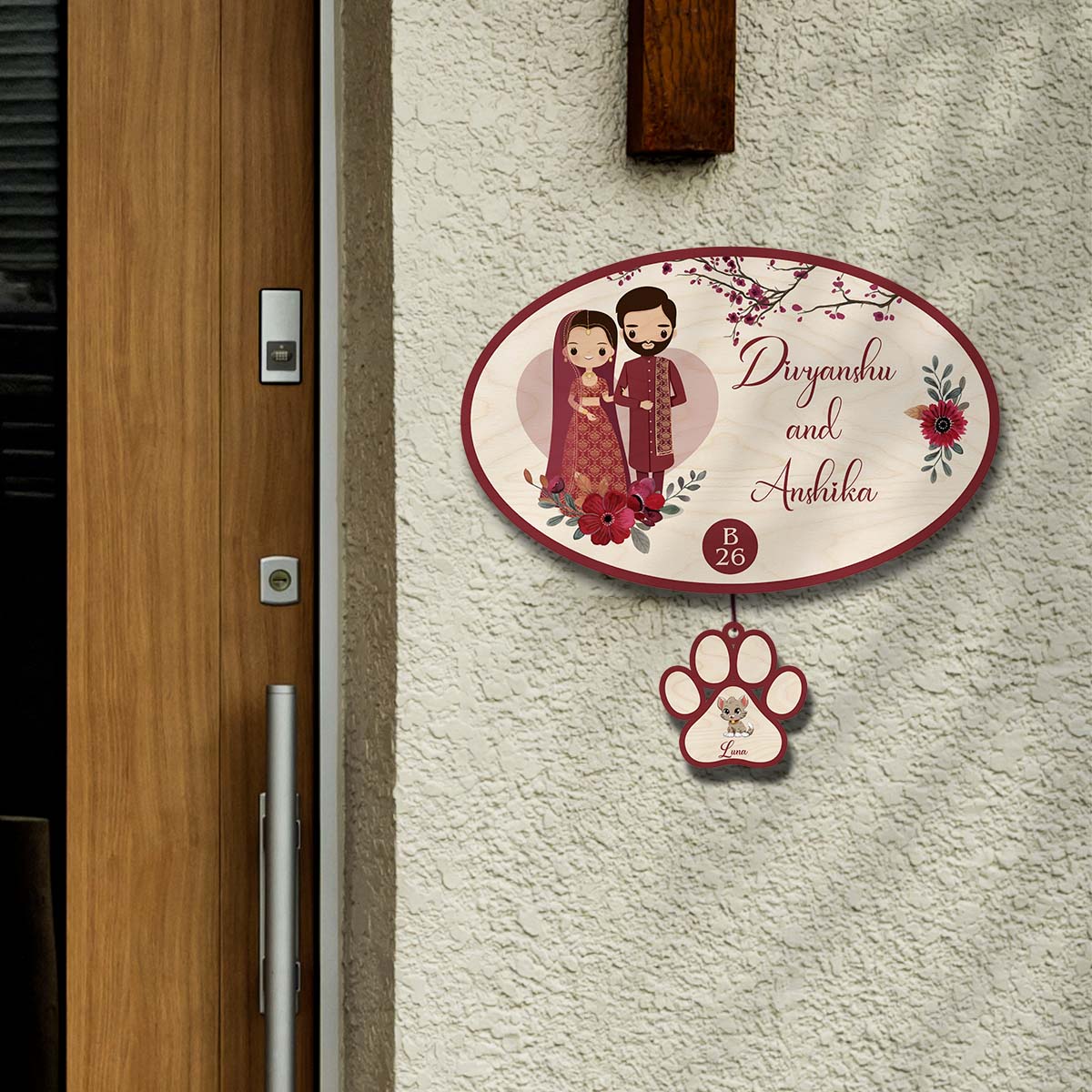 Oval Pet Name Plate – Wedding Couple with Paw Tag - Sblossom
