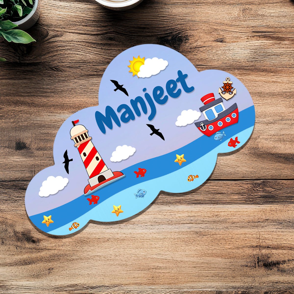 Personalized Kids Name Sign – Cloud Shape Ocean Wooden Nursery Decor, 10.5x7 Inch - Sblossom
