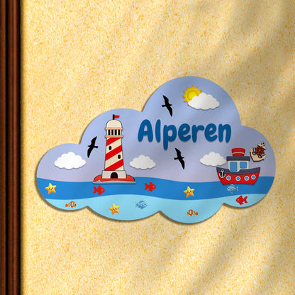 Personalized Kids Name Sign – Cloud Shape Ocean Wooden Nursery Decor, 10.5x7 Inch - Sblossom
