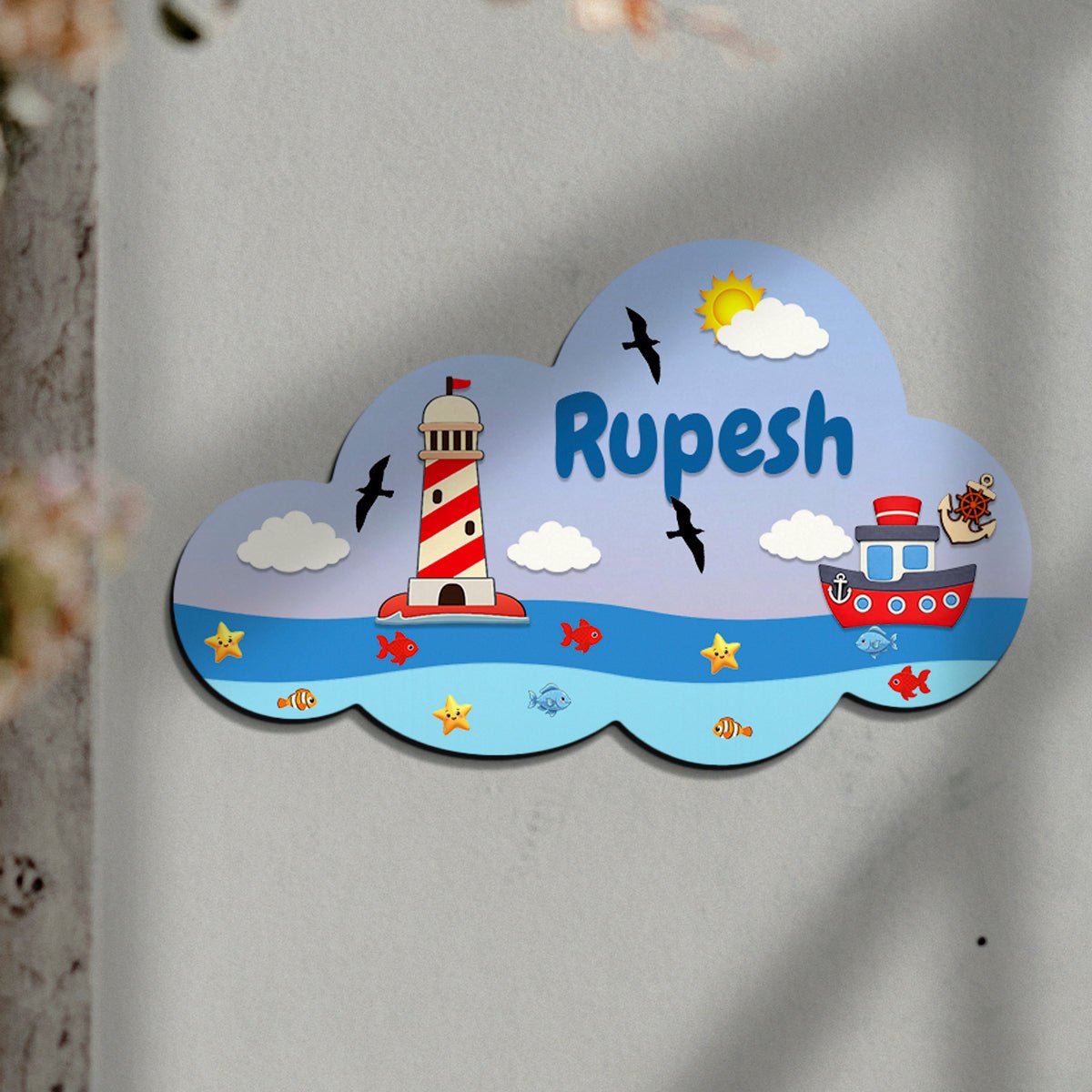 Personalized Kids Name Sign – Cloud Shape Ocean Wooden Nursery Decor, 10.5x7 Inch - Sblossom