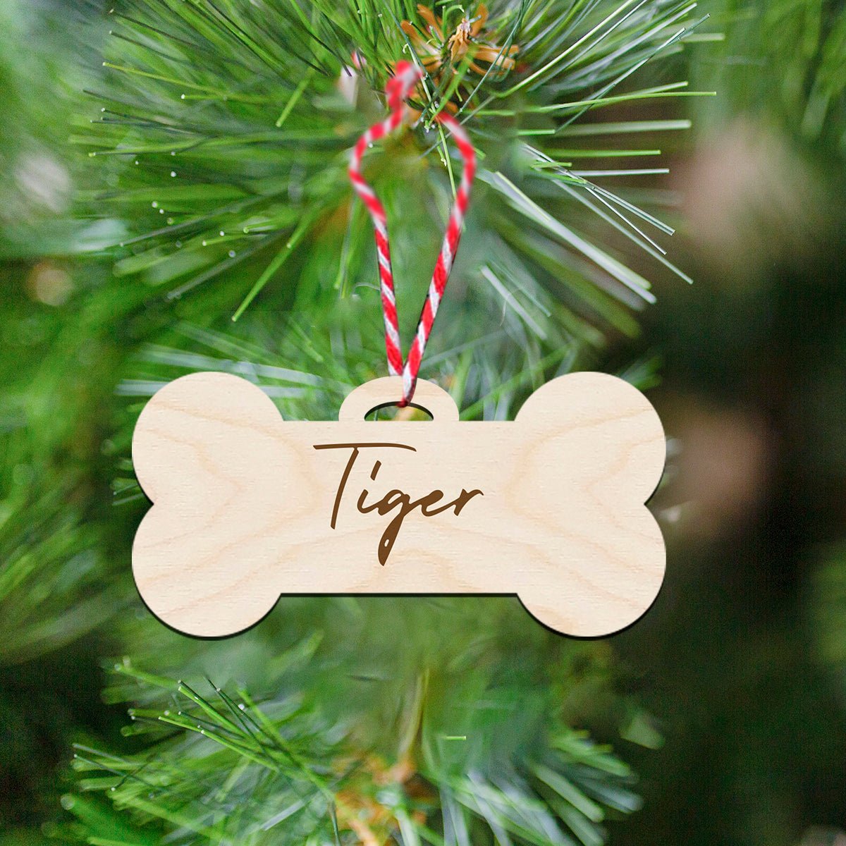 Pet Bone Christmas Ornament in Wood with Custom Pet Name Design - Sblossom
