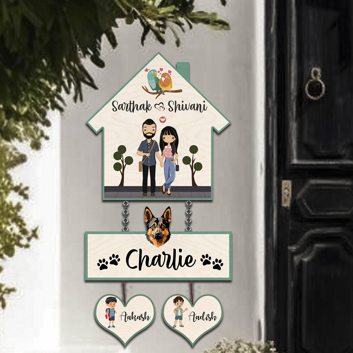 Pet Home Name Plate – Hanging Set with Dog & Kids - Sblossom
