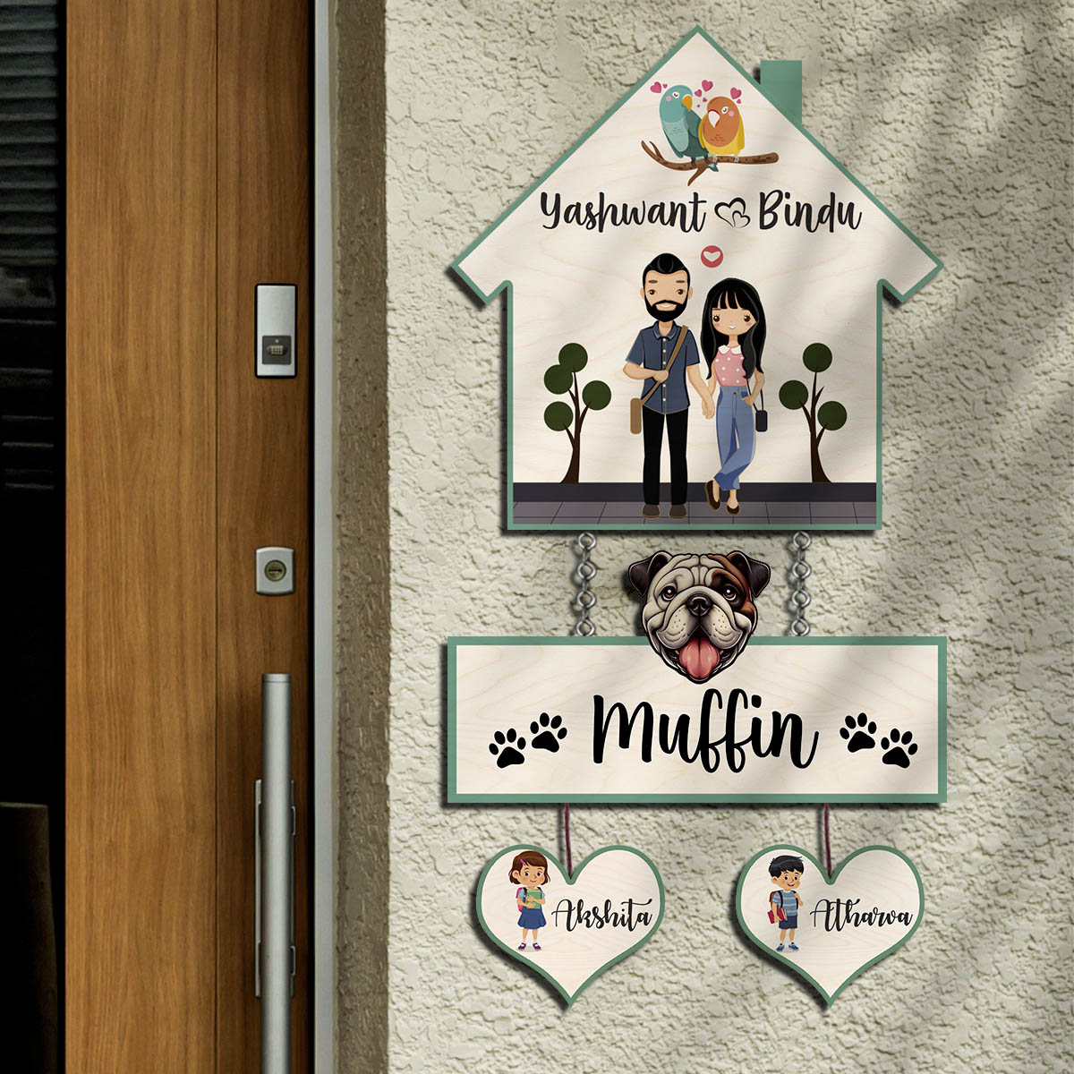 Pet Home Name Plate – Hanging Set with Dog & Kids - Sblossom