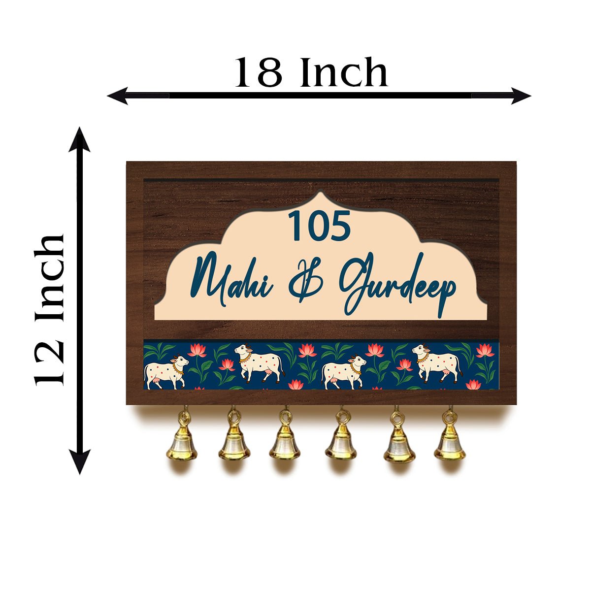 Pichwai Art Name Plate – Cow & Lotus Band with Bells in 3D - Sblossom