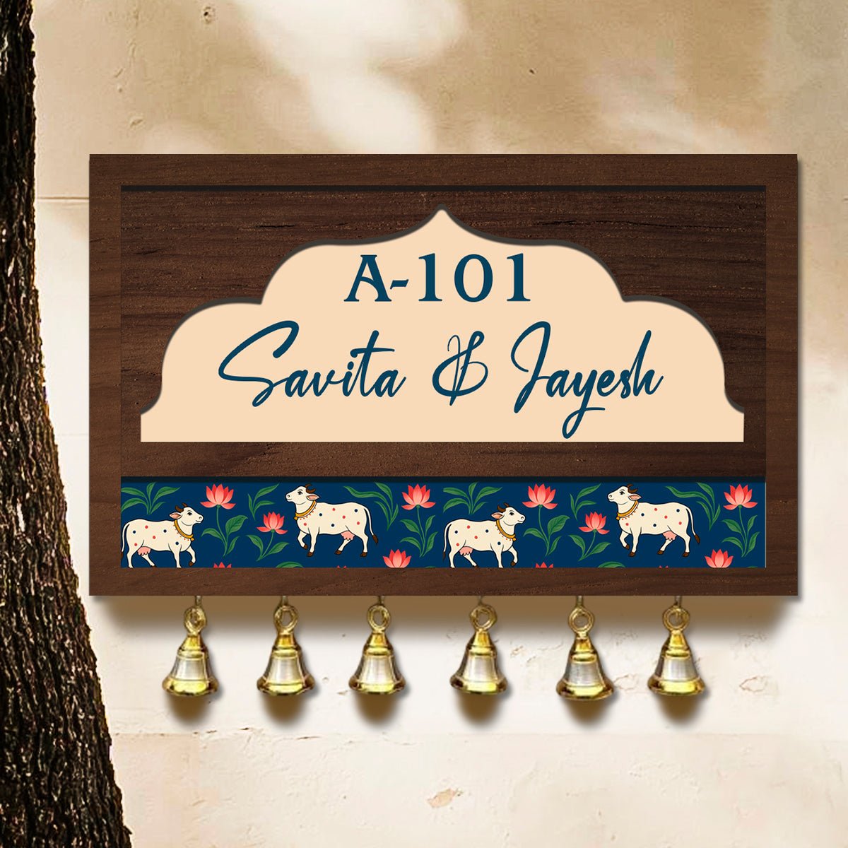 Pichwai Art Name Plate – Cow & Lotus Band with Bells in 3D - Sblossom