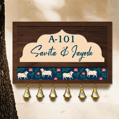Pichwai Art Name Plate – Cow & Lotus Band with Bells in 3D - Sblossom