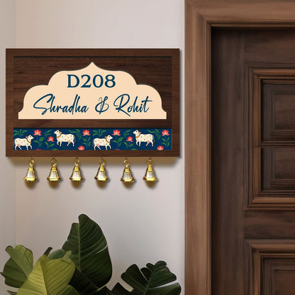 Pichwai Art Name Plate – Cow & Lotus Band with Bells in 3D - Sblossom