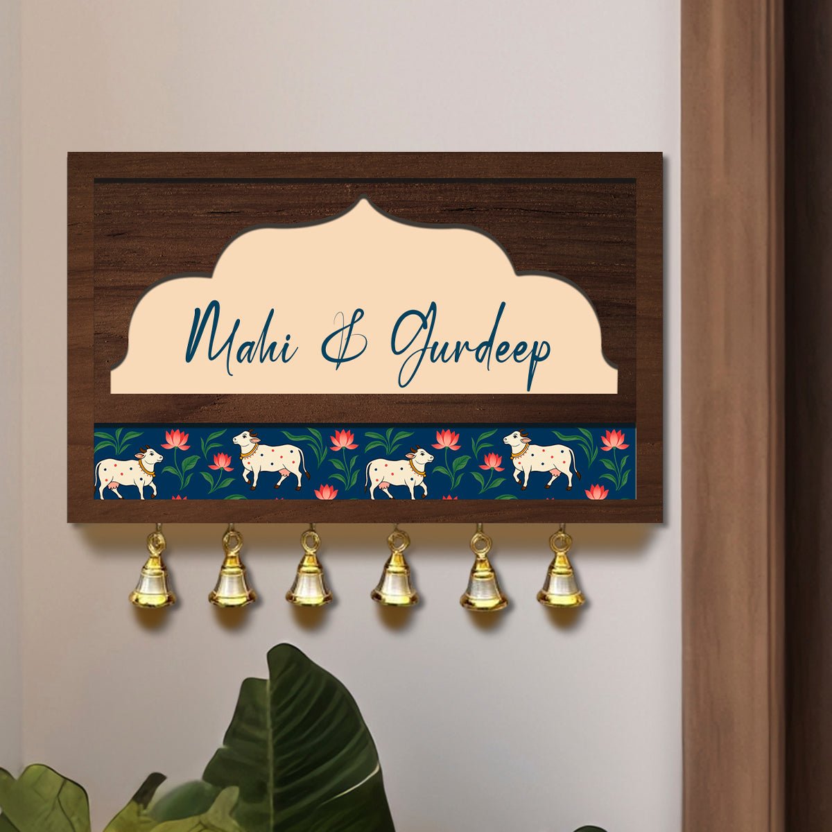 Pichwai Art Name Plate – Cow & Lotus Band with Bells in 3D - Sblossom