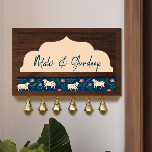 Pichwai Art Name Plate – Cow & Lotus Band with Bells in 3D - Sblossom