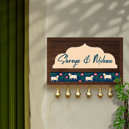 Pichwai Art Name Plate – Cow & Lotus Band with Bells in 3D - Sblossom