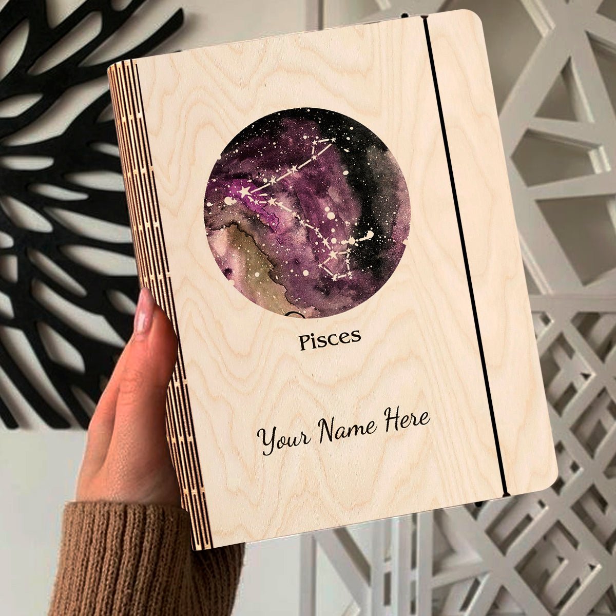 Pisces Zodiac Wooden Journal with Cosmic Constellation Cover Design - Sblossom