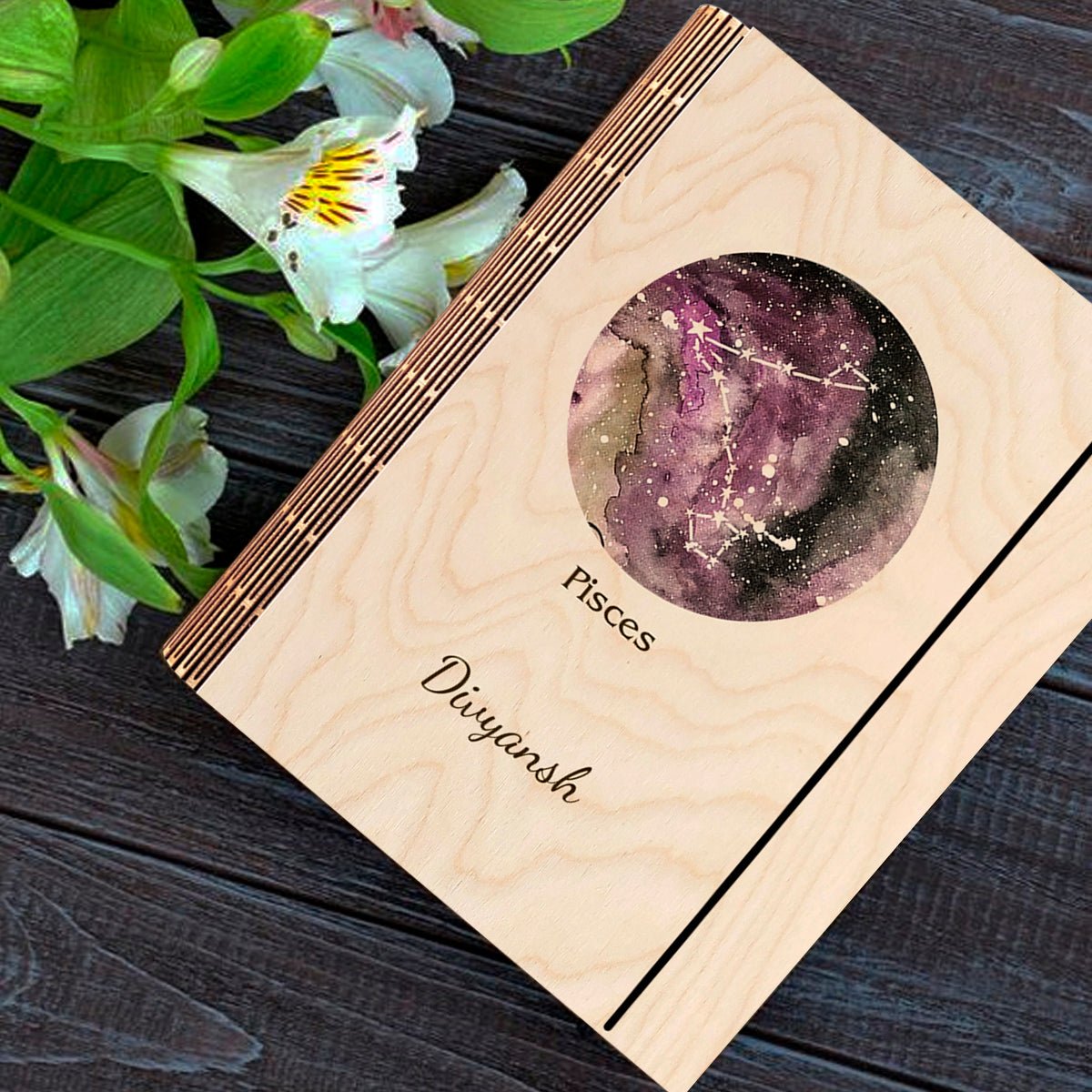 Pisces Zodiac Wooden Journal with Cosmic Constellation Cover Design - Sblossom