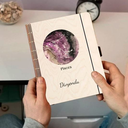 Pisces Zodiac Wooden Journal with Cosmic Constellation Cover Design - Sblossom