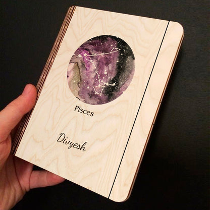 Pisces Zodiac Wooden Journal with Cosmic Constellation Cover Design - Sblossom