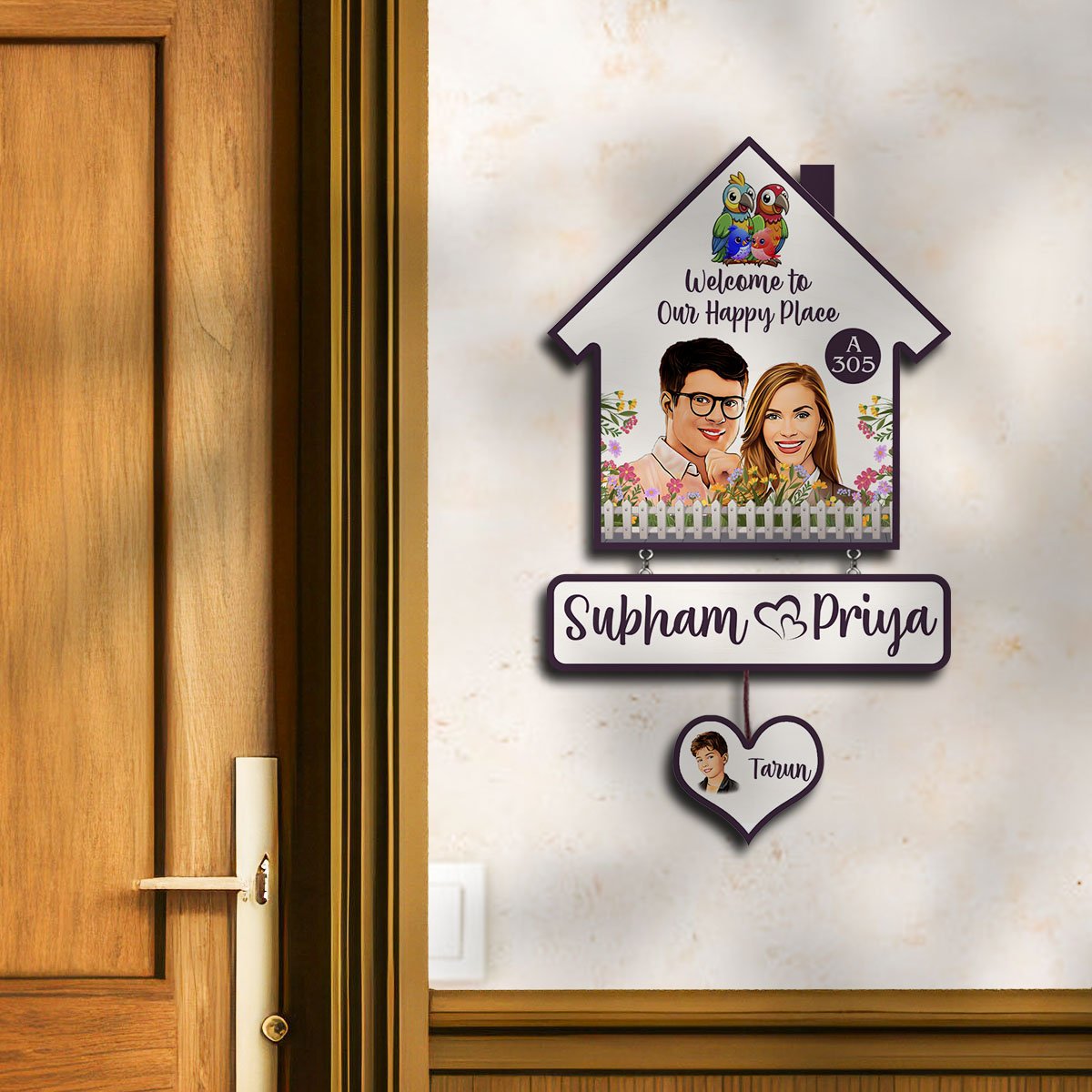 Portrait Couple Name Plate for Family Door – House-Shape with Heart Tag - Sblossom