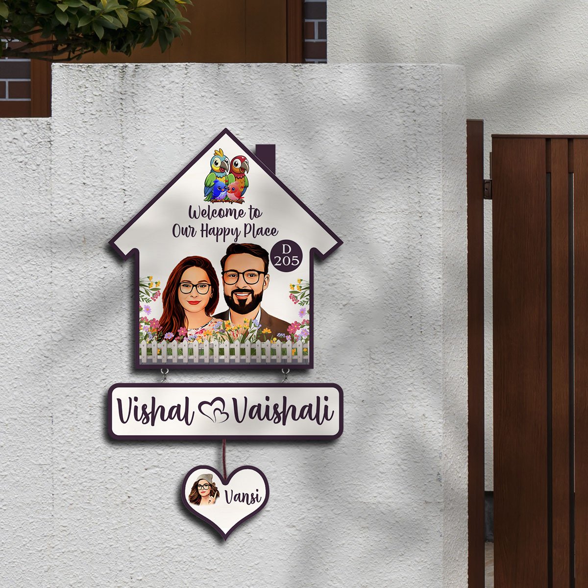 Portrait Couple Name Plate for Family Door – House-Shape with Heart Tag - Sblossom