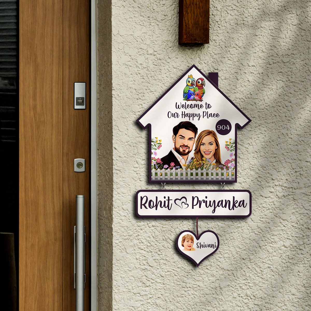 Portrait Couple Name Plate for Family Door – House-Shape with Heart Tag - Sblossom