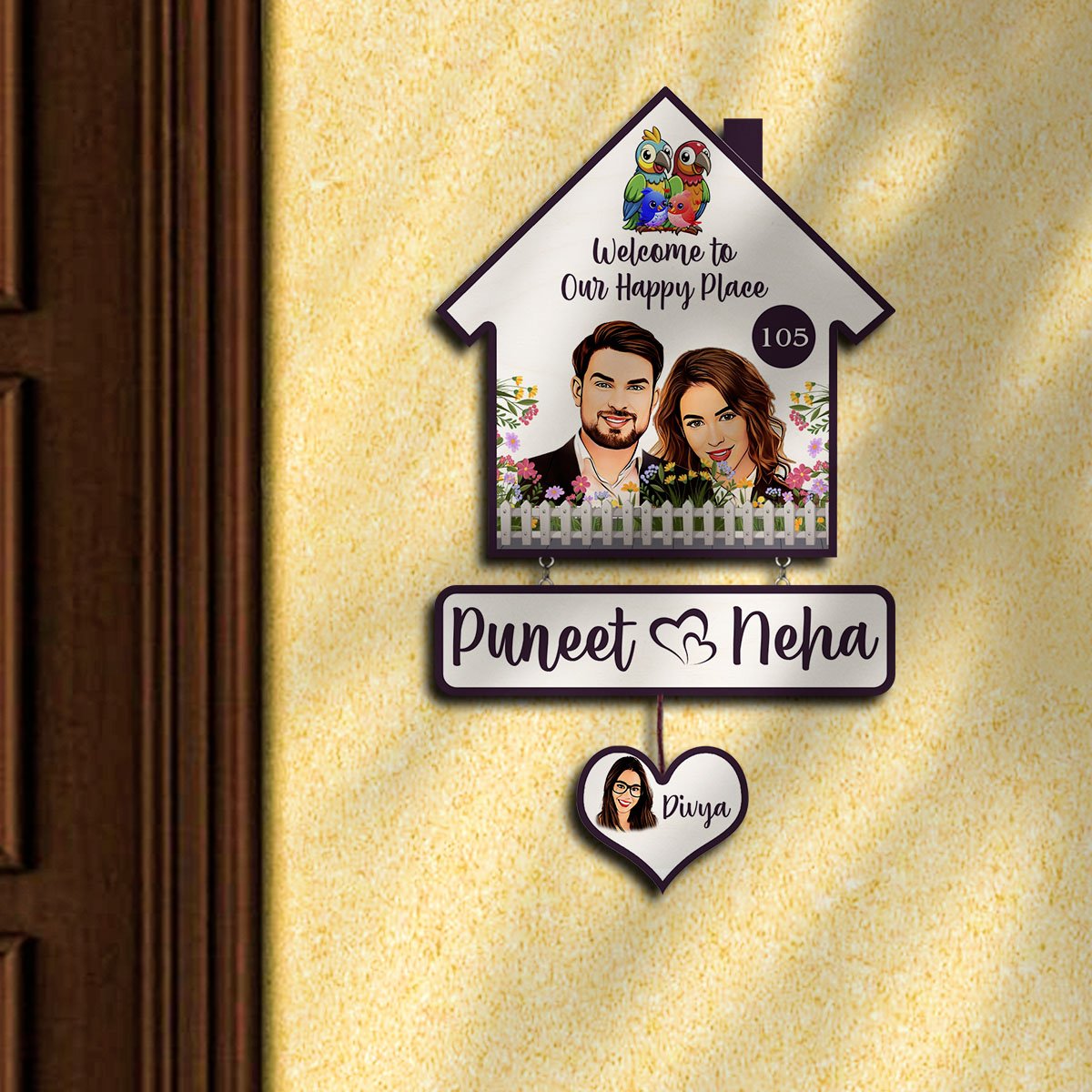 Portrait Couple Name Plate for Family Door – House-Shape with Heart Tag - Sblossom