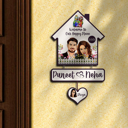 Portrait Couple Name Plate for Family Door – House-Shape with Heart Tag - Sblossom