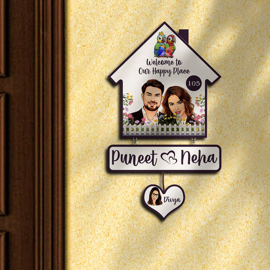 Portrait Couple Name Plate for Family Door – House-Shape with Heart Tag - Sblossom