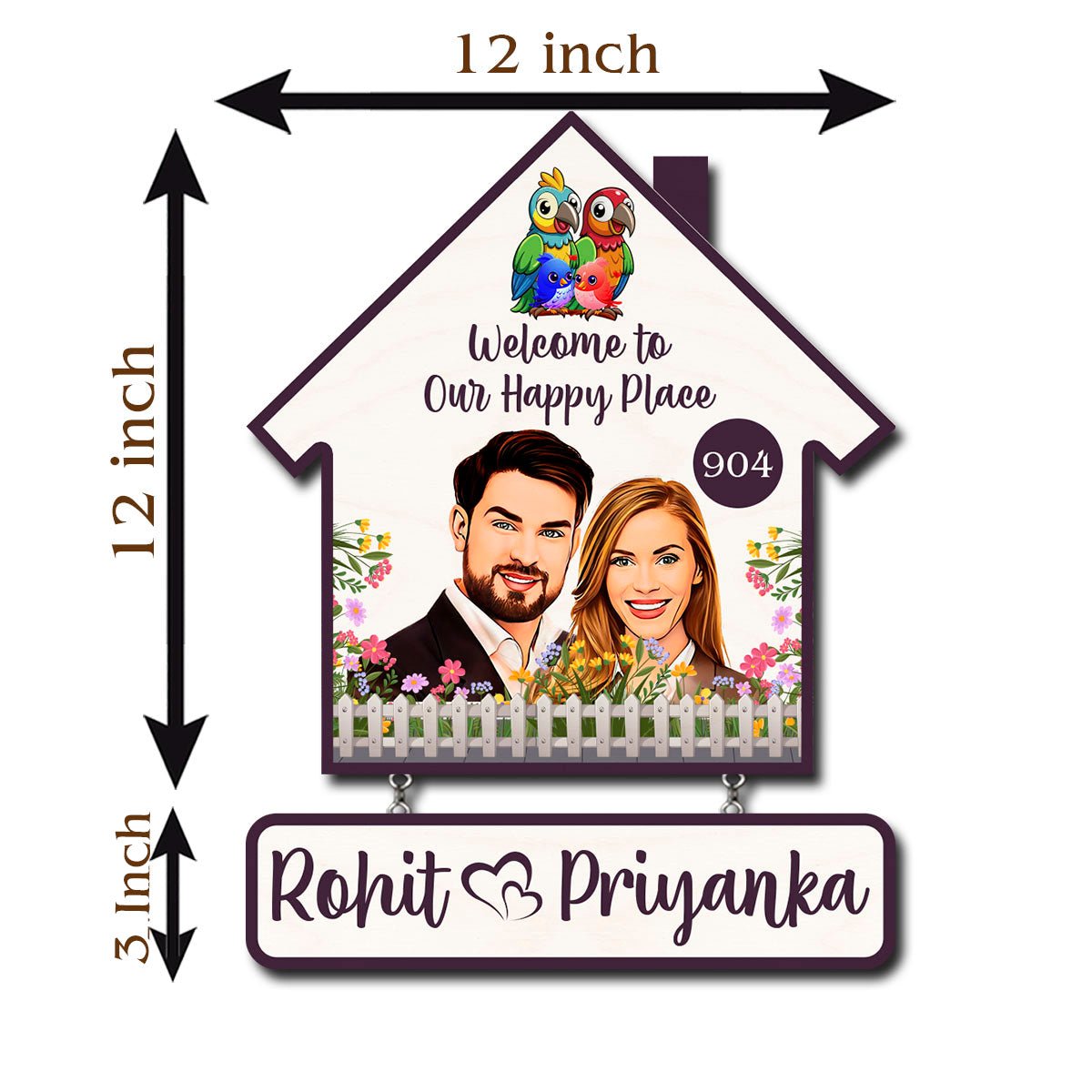 Portrait Couple Name Plate for Home — House-Shape Wood - Sblossom