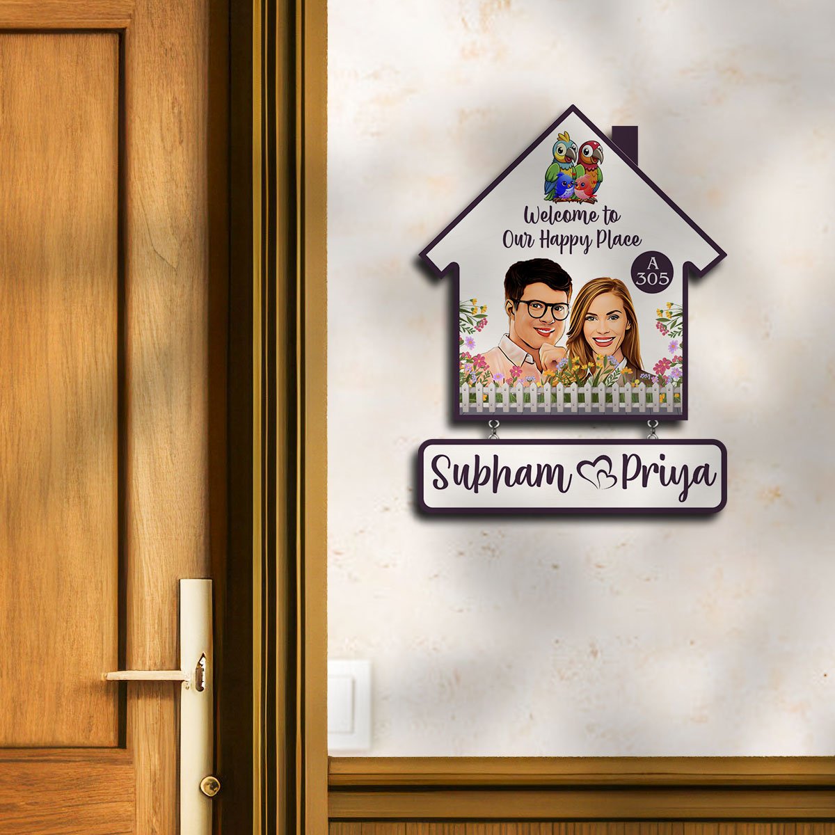 Portrait Couple Name Plate for Home — House-Shape Wood - Sblossom