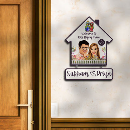 Portrait Couple Name Plate for Home — House-Shape Wood - Sblossom