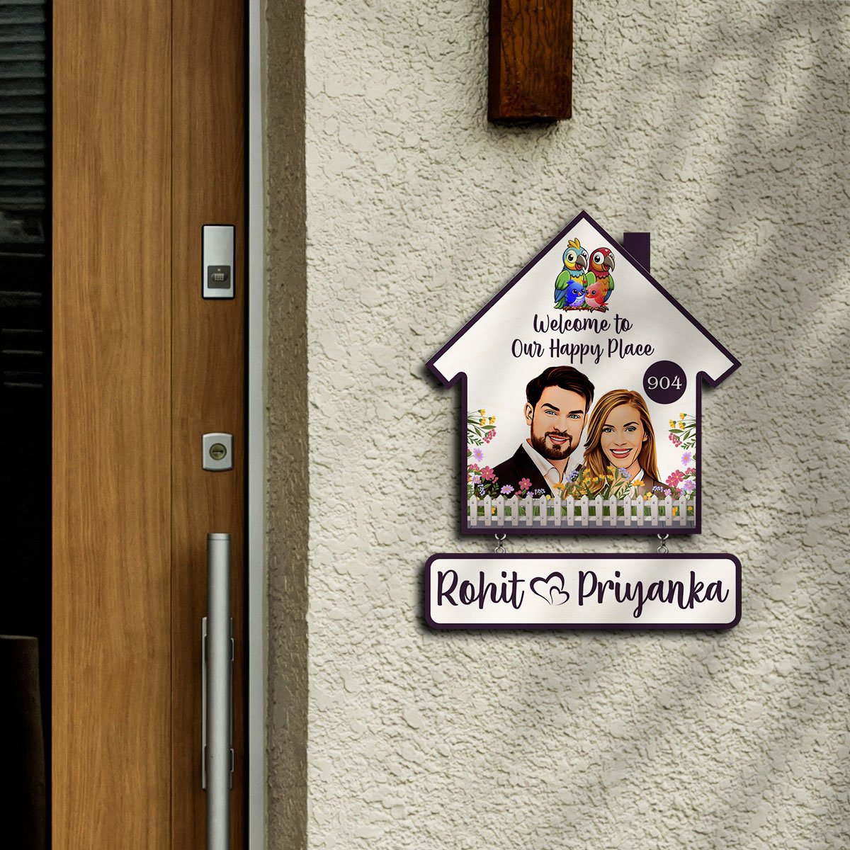 Portrait Couple Name Plate for Home — House-Shape Wood - Sblossom
