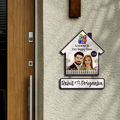 Portrait Couple Name Plate for Home — House-Shape Wood - Sblossom