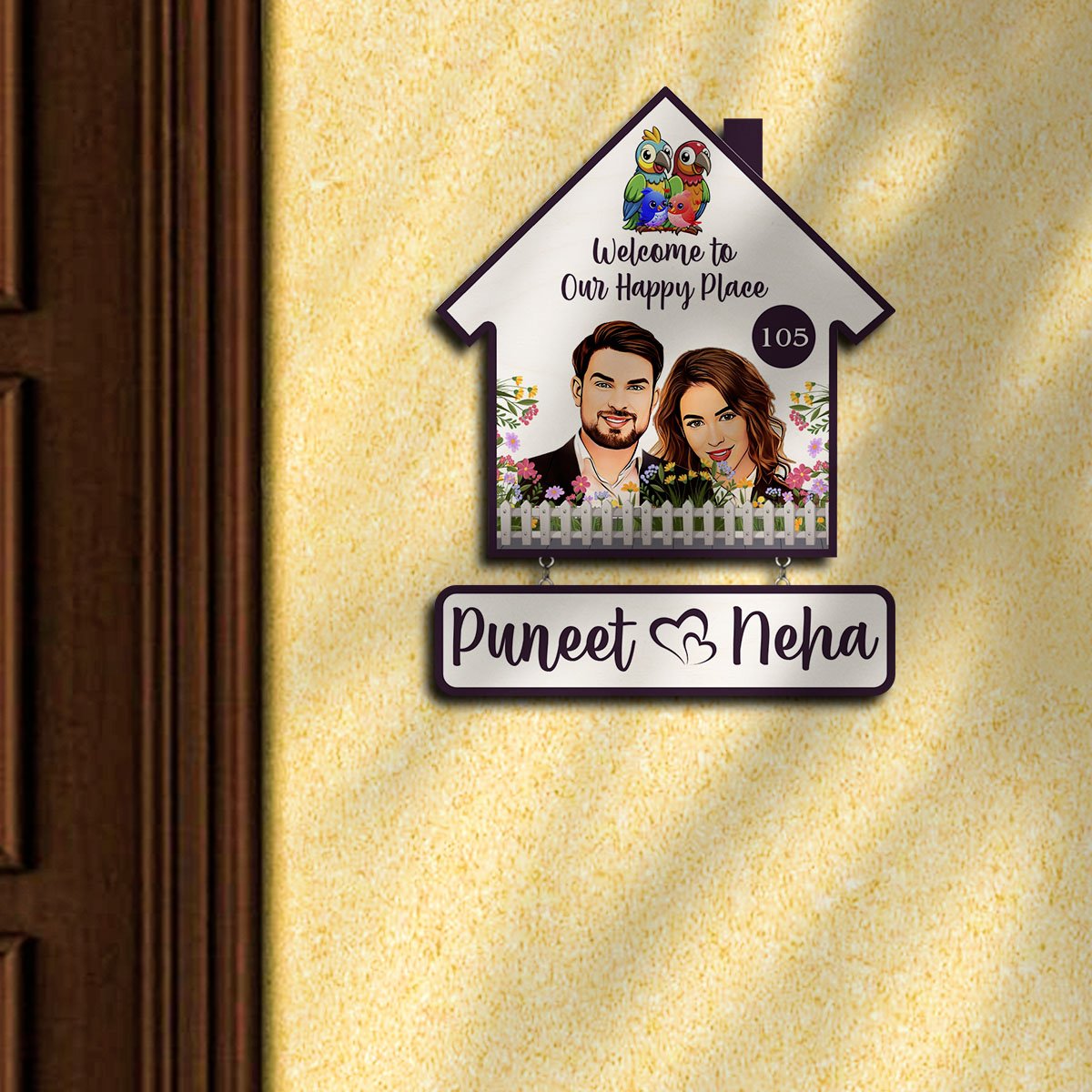 Portrait Couple Name Plate for Home — House-Shape Wood - Sblossom