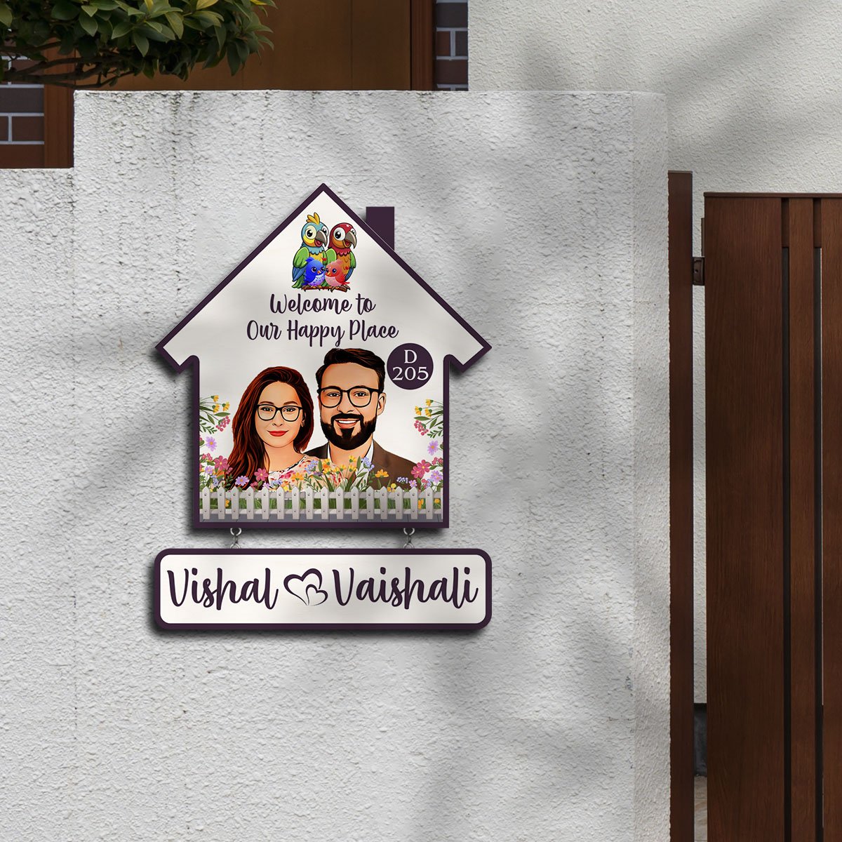 Portrait Couple Name Plate for Home — House-Shape Wood - Sblossom