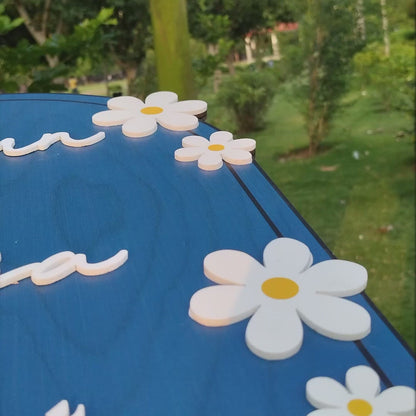 Wooden Name Plate for Home – Blue Daisy Couple in 3D
