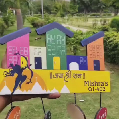 Lord Rama Motif Customised Name Plate for Door with Two Kids