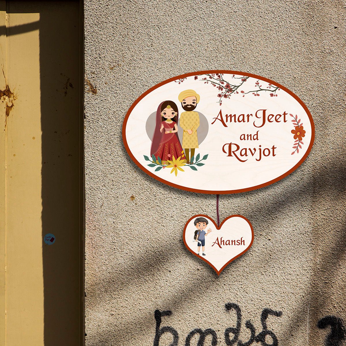 Punjabi Couple Name Plate for House in Wood with Custom Names - Sblossom