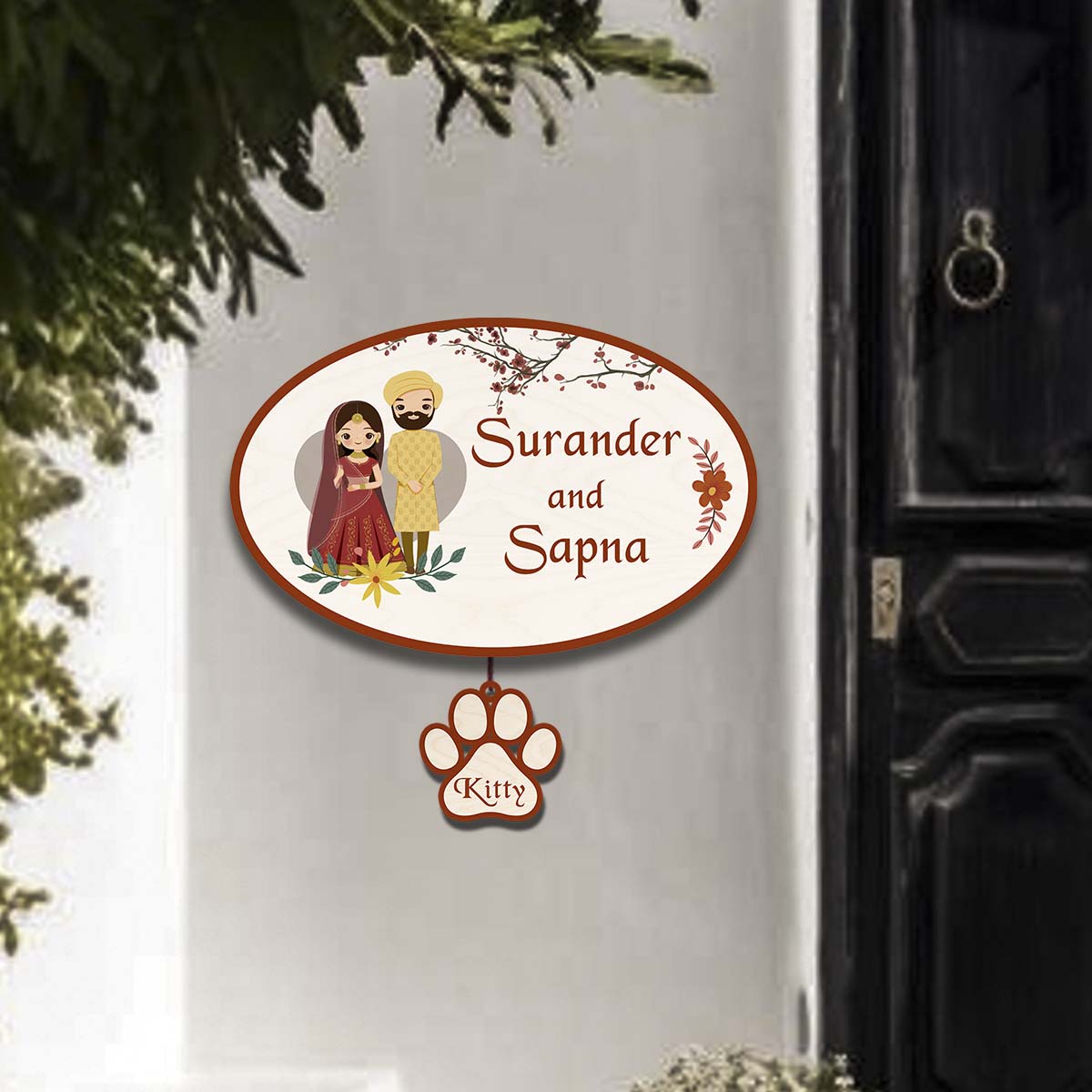 Punjabi Name Plate for Front Door with Pets – Couple - Sblossom