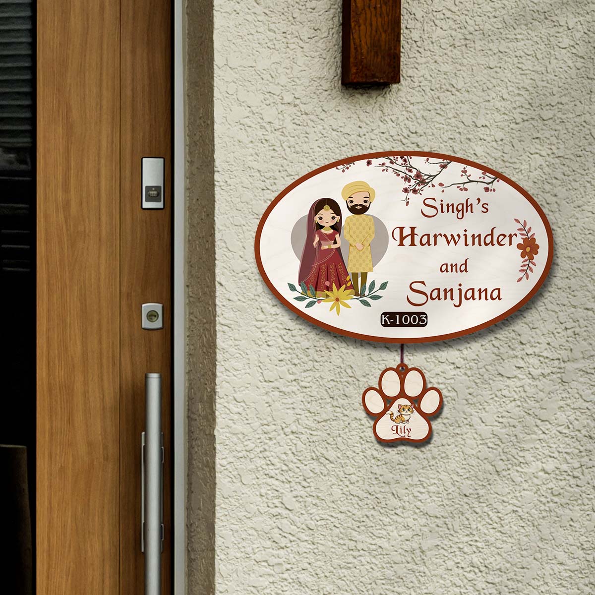 Punjabi Name Plate for Front Door with Pets – Couple - Sblossom