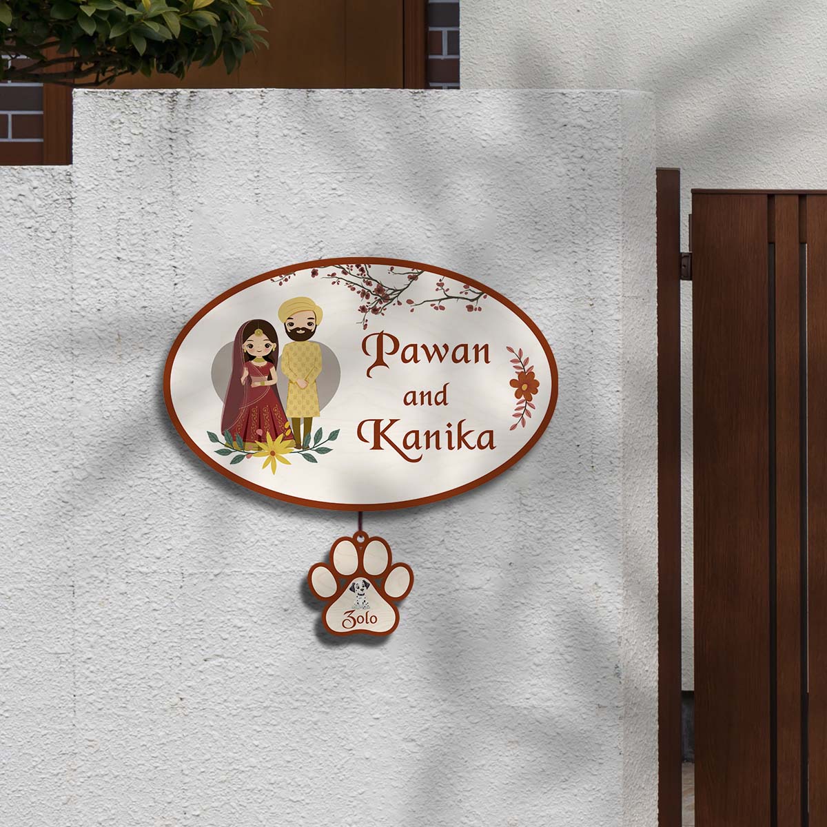 Punjabi Name Plate for Front Door with Pets – Couple - Sblossom