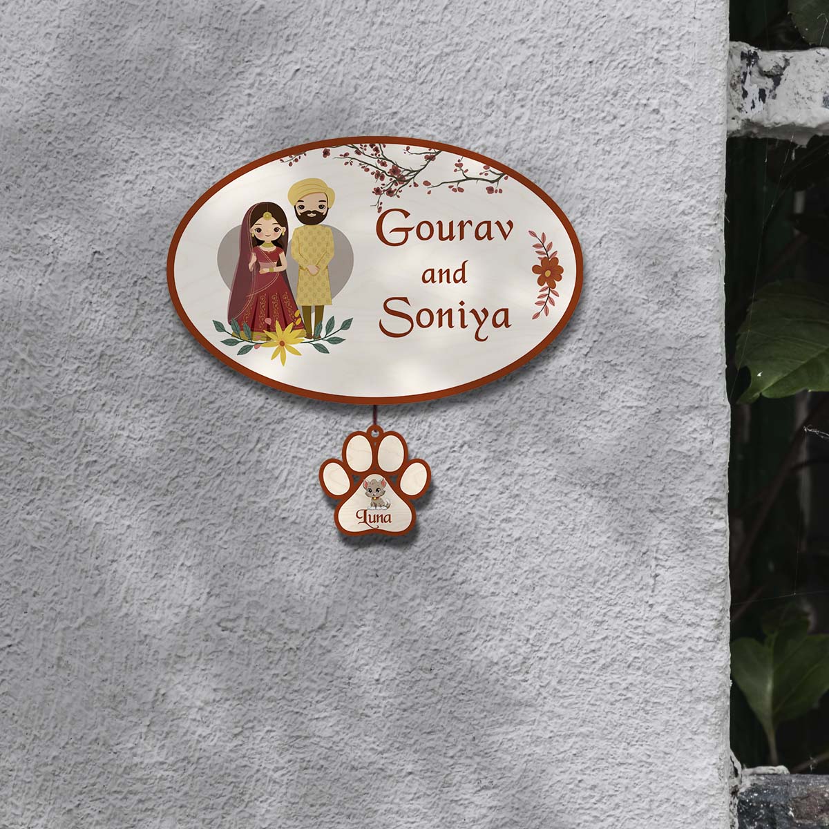 Punjabi Name Plate for Front Door with Pets – Couple - Sblossom