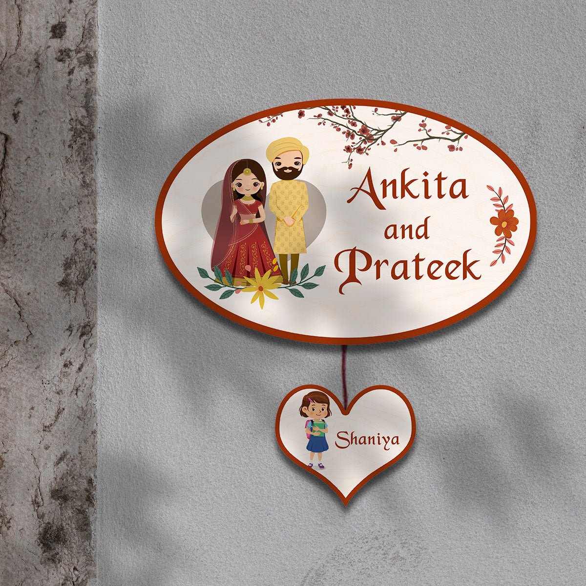 Punjabi Name Plate for Home – Wedding Couple Oval - Sblossom